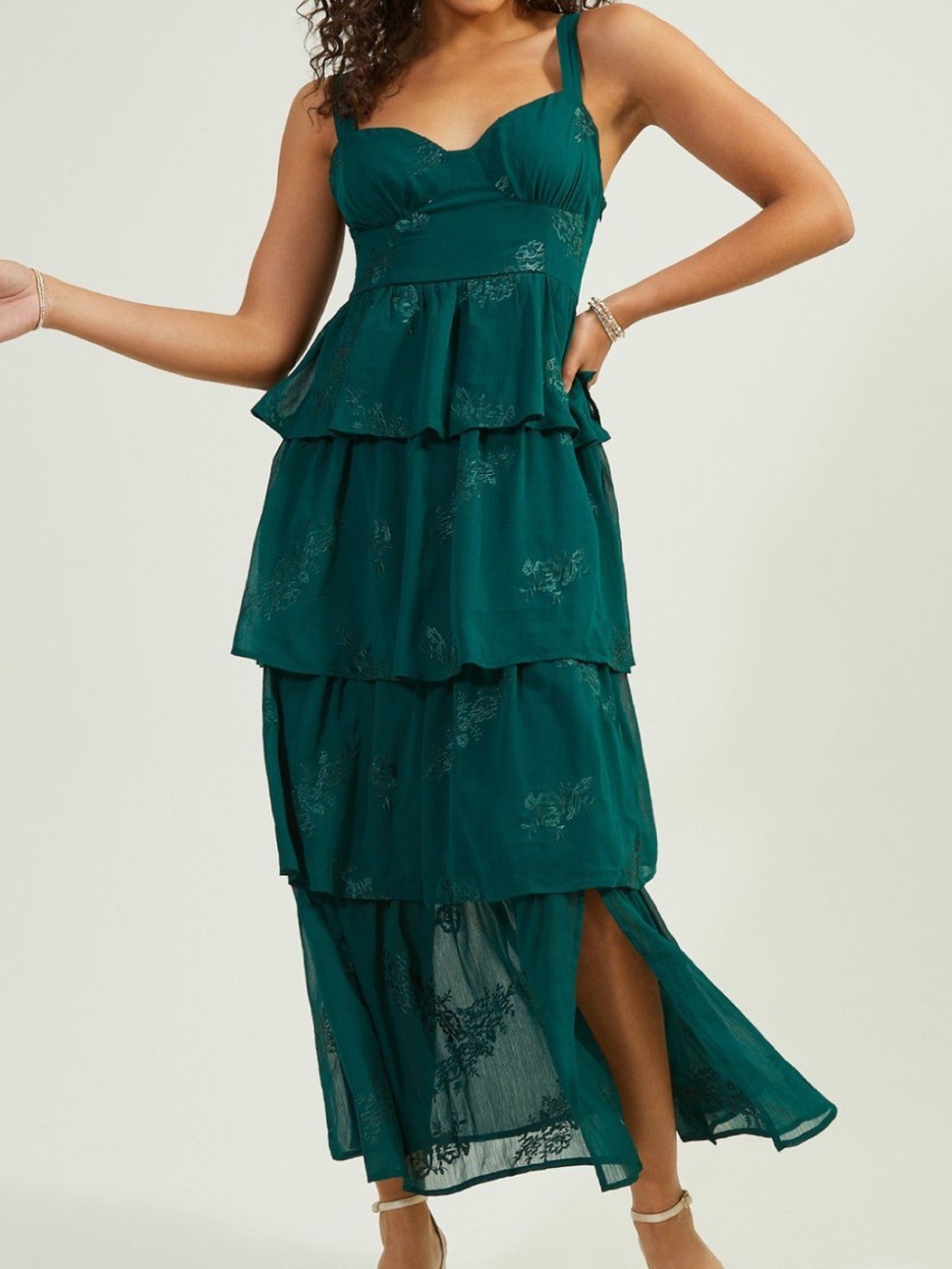 Altar'd State Rosalie Tiered Maxi Dress with Sweetheart Bodice - Hunter Green
